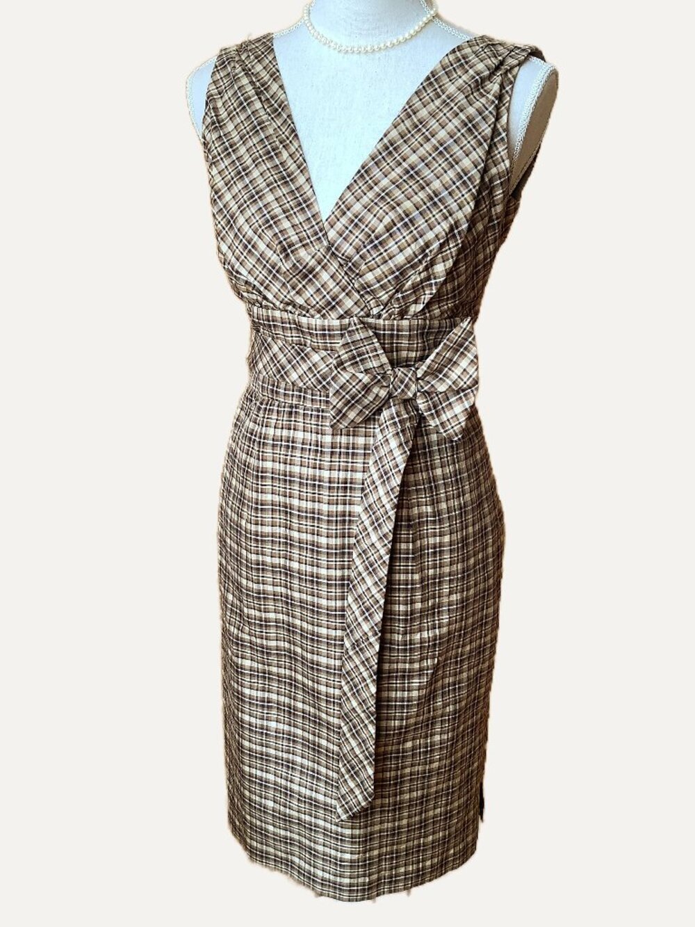 PINK TARTAN Plaid Midi Dress Sleeveless Bow Belt Tailored Cocktail 8 Fits 6